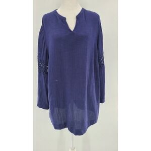 Soft Surroundings Lace Bell Sleeve Tunic‎ Top Size Large Ramie Blend Navy Blue
